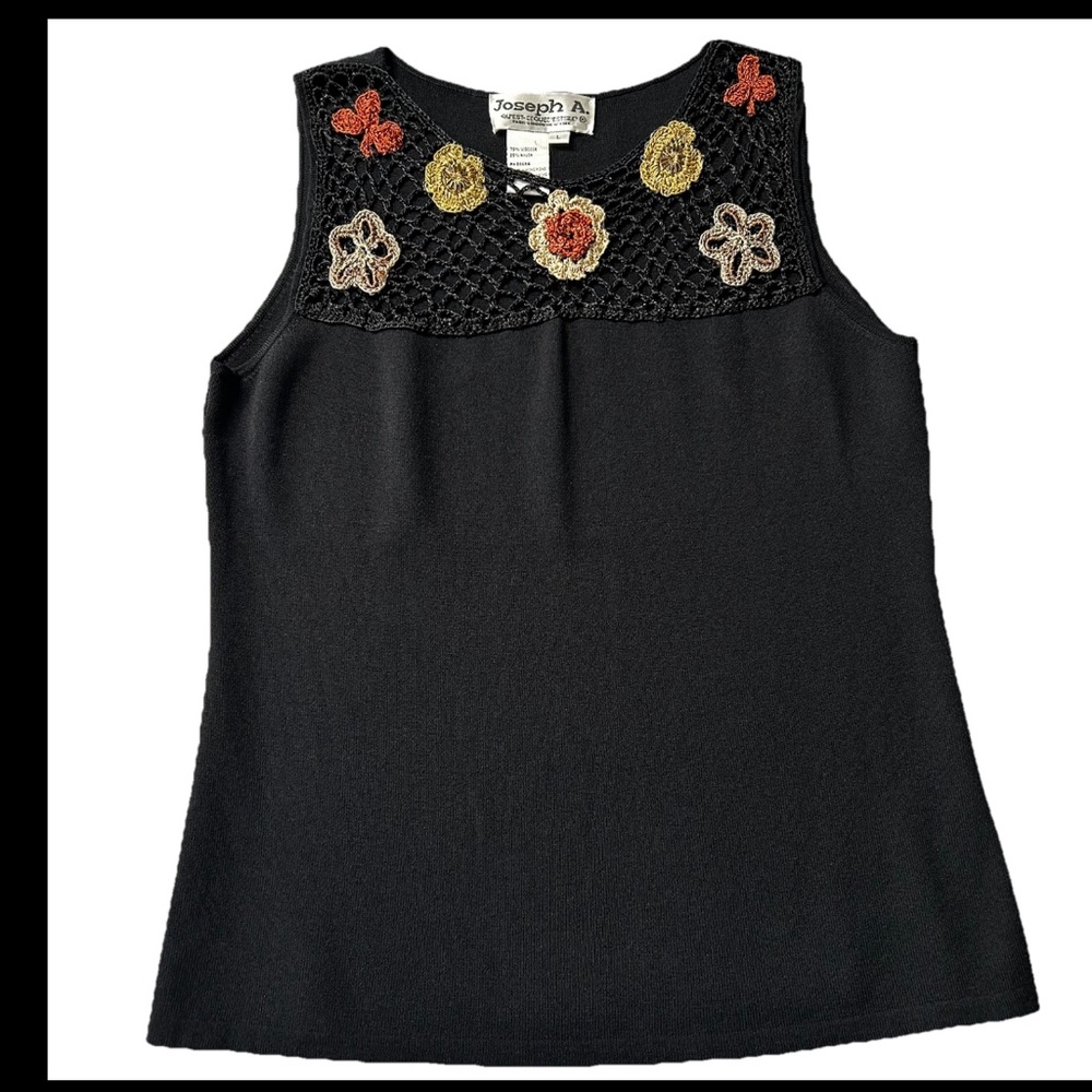 Vintage Joseph A Crochet flowers sleeveless top Mesh Scoop Neck Sz Large 90’s
